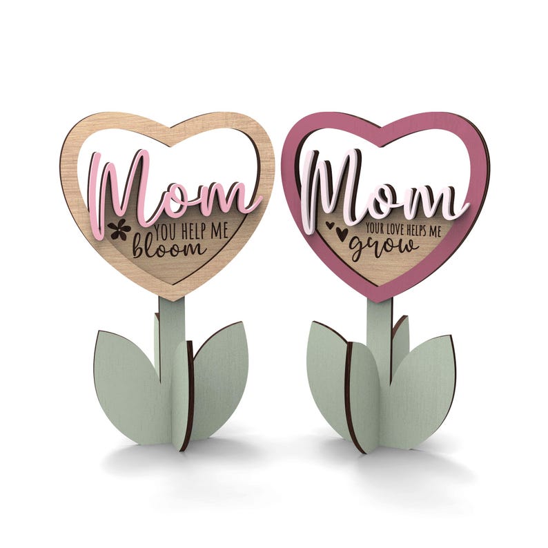 Mom flower stand SVG laser cut file with heart sign, layered lettering, and slot-together standing base for personalization