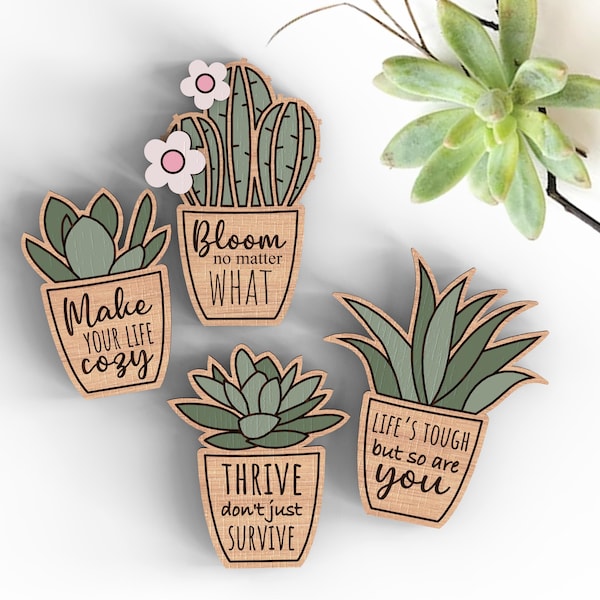 Succulent Cactus Magnet SVG Set | Laser Cut Fridge Magnet Files | Positive Quote Plant Magnets | Glowforge SVG