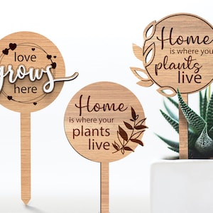 Op de afbeelding: Drie houten plantenstokken met verschillende spreuken. De eerste stok zegt "love grows here" met een cirkel van harten rond de tekst. De tweede stok zegt "Home is where your plants live" met een bladerig takontwerp. De derde stok zegt "Home is where your plants live" met een bladerig kransontwerp.