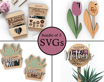 May include: A bundle of five SVG cut files for Mother's Day. The designs include a coffee cup with a gift card slot, a succulent plant with a gift card slot, a tulip with a gift card slot, and a round sign with a gift card slot.