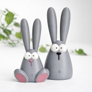 2- Cute minimalist Easter bunny 3D print figurines, two rabbit designs with big eyes and long ears, one sitting bunny and one standing bunny, modern desk decor, STL 3D print model