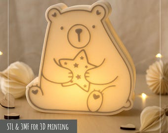 Cute Bear Lantern 3D Print File STL & 3MF | LED Bear Holding Star Light Box | Nursery decor | Commercial License | 3D Printed Decor