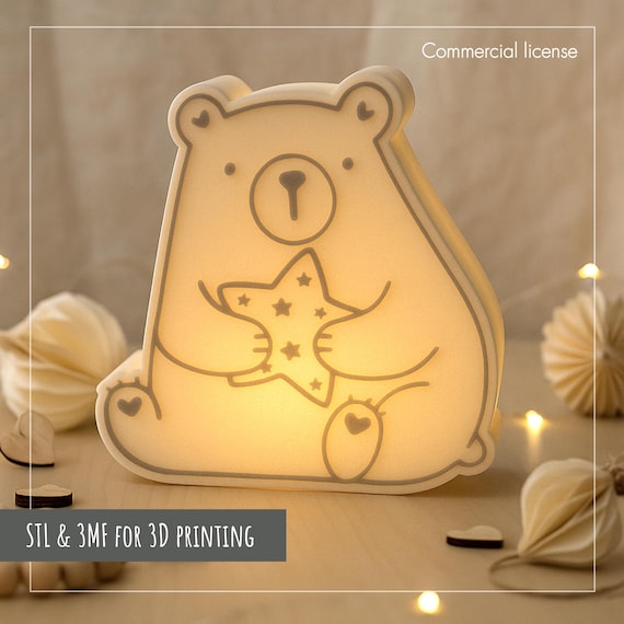 Cute Bear Lantern 3D Print File STL & 3MF | LED Bear Holding Star Light Box | Nursery decor | Commercial License | 3D Printed Decor