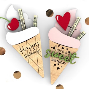 Porta soldi personalizzato "Happy Birthday" / Gelato con una ciliegia in cima / Confezione da 3 / File SVG pronti per il taglio laser