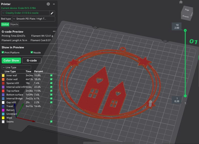 K&ouml;nnte beinhalten: Eine 3D-Drucker-Oberfl&auml;che zeigt ein rotes Design von zwei H&auml;usern mit herzf&ouml;rmigen Ausschnitten, umgeben von einem sternenbesetzten Oval. Die Oberfl&auml;che zeigt Druckzeit, Filamentl&auml;nge und Kosten. Das Design befindet sich auf einem grauen Raster.