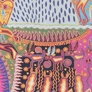 May include: A colorful, intricate artwork depicting a scene with deer, birds, and a rainbow arch. The artwork is created with a variety of colorful threads and beads, creating a textured and vibrant effect.