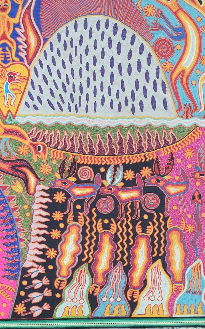 May include: A colorful, intricate artwork depicting a scene with deer, birds, and a rainbow arch. The artwork is created with a variety of colorful threads and beads, creating a textured and vibrant effect.