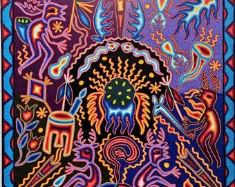 Pittura artistica in filato Huichol, arte colorata Huichol Wixarika 60 x 60 CM