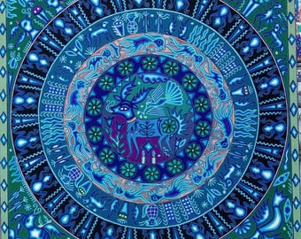 Opera d'arte in filato Huichol raffigurante il Cervo Sacro, 120 cm x 120 cm