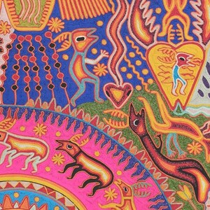 May include: A colorful, intricate artwork featuring a variety of animal figures, including a bird, a lizard, and a deer. The artwork is created using a technique that involves stitching together small pieces of yarn or thread. The background is a vibrant blue, and the figures are outlined in black.