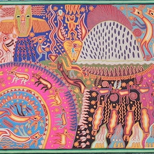 May include: A colorful, hand-painted artwork depicting a vibrant scene with various animals, including birds, deer, and other creatures. The artwork is filled with intricate details and patterns, showcasing a unique style of folk art.