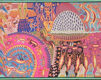 Arte de hilo Huichol UNICO del famoso Chaman El Caminante Silencioso Jose Benitez Sanchez 24 in X 48 in 60 cm X 120 cm