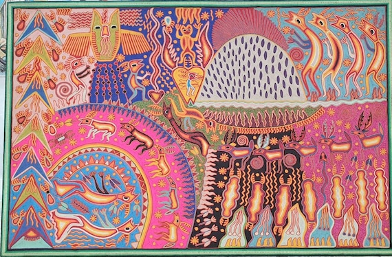 Arte de hilo Huichol UNICO del famoso Chaman El Caminante Silencioso Jose Benitez Sanchez 24 in X 48 in 60 cm X 120 cm