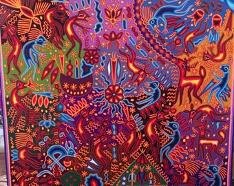Huichol Yarn art painting. By Fidencio Benitez