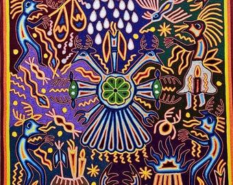 Il Creatore. Pittura artistica in filato Huichol. Arte Wixarika Huichol 60 x 60 CM