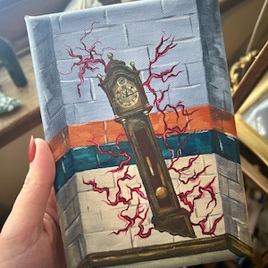 May include: A small painting shows a grandfather clock against a brick wall. The clock is brown and gold, with a detailed clock face. Red, vein-like lines emanate from the clock, adding a surreal element. The background features a color block design.