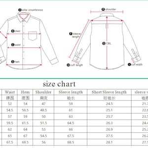 May include: Size chart for a long-sleeve shirt with measurements in centimeters for collar, chest, waist, hem, shoulder, sleeve length, short sleeve length, sleeve width, sleeve opening, and cuff length. Sizes range from XS to 3XL.