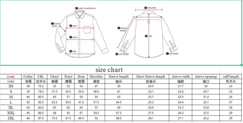 May include: Size chart for a long-sleeve shirt with measurements in centimeters for collar, chest, waist, hem, shoulder, sleeve length, short sleeve length, sleeve width, sleeve opening, and cuff length. Sizes range from XS to 3XL.