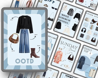Puede incluir: Una tableta digital que muestra 30 plantillas de Canva para publicaciones en redes sociales con temática invernal. Las plantillas presentan varias ideas de atuendos, listas de compras y selecciones semanales. El texto "30 LTK Winter Themed Canva Templates" se muestra en el lado izquierdo de la imagen.
