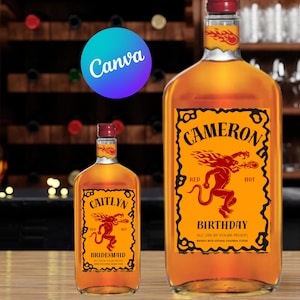 Canva Vorlage Geburtstag Feuerball Etikett , 750ml 50 ml Individuell Personalisieren Geburtstag Hochzeit Bachelorette Party Mitbringsel Brautjungfer
