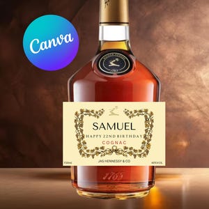 Plantilla Canva para fiesta, etiqueta de coñac Hennessy, 750 ml, personalizada, para cumpleaños, boda, regalo de dama de honor, novia