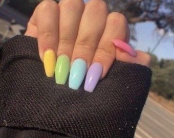 wallpapers Short Coffin Acrylic Nails Multicolor rainbow nails etsy