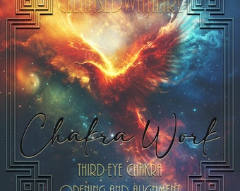 May include: A fiery phoenix with orange, red, and yellow wings against a dark blue and purple galaxy background. The text "Cleansed With Fire" is at the top of the image. The text "Chakra Work" is in the center of the image. The text "Third-Eye Chakra" is below the text "Chakra Work". The text "Opening and Alignment" is below the text "Third-Eye Chakra".