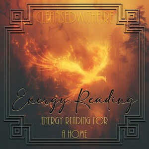 Puede incluir: Un fénix de fuego vuela a través de un bosque brumoso con el texto "Cleansed With Fire" y "Energy Reading for a Home" en un marco dorado.