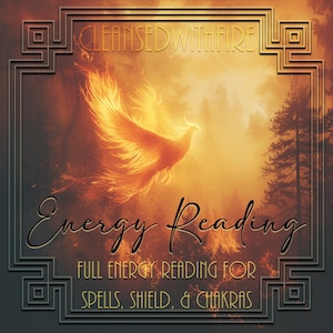 Puede incluir: Un fénix de fuego con alas naranja y amarillas sobre un fondo brumoso naranja y amarillo. El texto "CLEANSEWITHFIRE" está en la parte superior de la imagen. El texto "Energy Reading" está en el centro de la imagen. El texto "FULL ENERGY READING FOR SPELLS, SHIELD, & CHAKRAS" está en la parte inferior de la imagen.