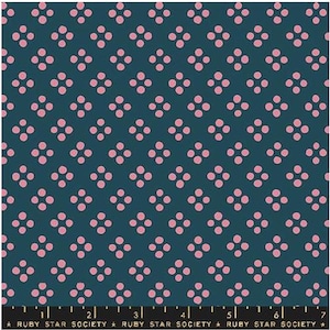 May include: Teal fabric with a repeating pattern of pink, four-dot clusters. The fabric has a ruler along the bottom edge with the text "RUBY STAR SOCIETY". This fabric is suitable for quilting, sewing, and crafting projects.