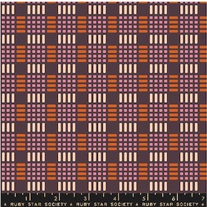 May include: A fabric with a repeating geometric pattern. The design features a dark purple background with a grid of squares filled with vertical and horizontal lines in shades of orange, pink, and cream. The text "RUBY STAR SOCIETY" is at the bottom.