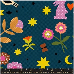 May include: A teal fabric with a repeating pattern of yellow stars, pink flowers, and a purple bunny. The design also includes a crescent moon, a butterfly, and a bird. The text "RUBY STAR SOCIETY" is printed at the bottom.