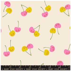 May include: Fabric with a repeating pattern of cartoon cherries in pink and yellow on a cream background. Each cherry has a smiling face. The text "RUBY STAR SOCIETY" is at the bottom.