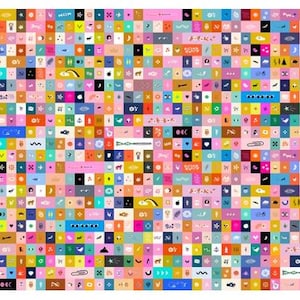 May include: A colorful, patterned design composed of numerous small squares. Each square features a unique illustration, including stars, hearts, and abstract shapes, in a variety of colors like pink, blue, and yellow. The overall effect is a vibrant, artistic composition.