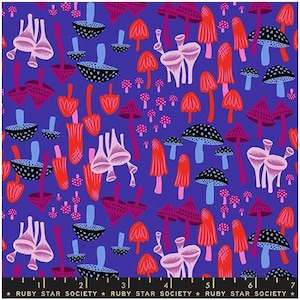 May include: A fabric with a repeating pattern of stylized mushrooms in shades of red, pink, black, and white on a deep blue background. The design includes various mushroom shapes and sizes, creating a whimsical and artistic feel.