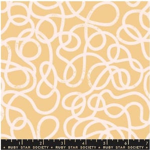 May include: Fabric with a repeating pattern of white, abstract, looping lines on a light orange background. The text "RUBY STAR SOCIETY" is printed along the bottom edge of the fabric.