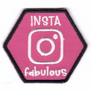 May include: Pink hexagonal patch with black stitching. The patch features a white Instagram logo and the text "Insta fabulous".