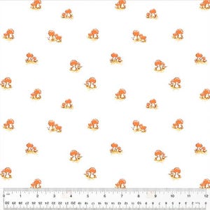 May include: White fabric with a repeating pattern of orange and brown mushrooms. The mushrooms are clustered in groups of two or three, with a grassy base. A ruler is at the bottom of the image, showing inches.