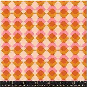 May include: A fabric with a repeating wavy pattern in shades of orange, pink, and peach. The design features overlapping shapes, creating a retro, geometric aesthetic. The bottom of the fabric has a black ruler with the text "RUBY STAR SOCIETY".