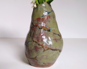 Handmade Ceramic Vase "Woodland" Terra Cotta Clay, Layers of Dripping Glaze, Centerpiece, Spring Gift Present, Earthy Pinched Multi-colored