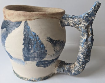 Handmade Porcelain Mug, Blue Leaf Fossil Texture, Branch Handle