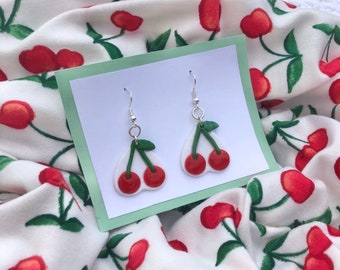 Handmade Polymer Clay Cherry Dangle Earrings/ Clay Earrings/ Statement Earrings/ Dangle Earrings/ Cherries/ Cherry Earrings