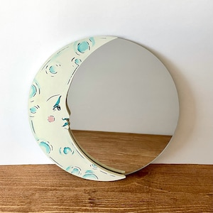 Hand-Painted 10" Moon Face Mirror | Wall Art | Cottage Core and Boho Decor | Wall Hanging