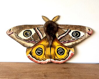 Hand-Painted Fuzzy Emperor Moth with Faux Fur | Wall Art | Cottage Core and Boho Decor | Wall Hanging