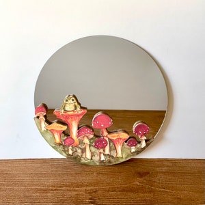 10" Red and Orange Circle Mushroom and Frog Mirror Watercolor Print | Wall Art | Cottage Core and Boho Decor | Wall Hanging