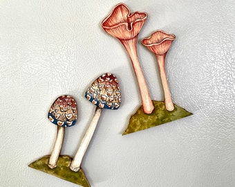 Handmade Pastel Mushroom Magnet Print Set with Moss | Refrigerator Magnets | Office Magnets | Dorm Room Magnets | Cottage Core