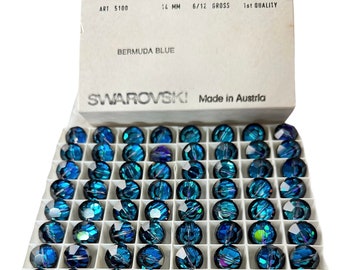 4 Beads, Swarovski Crystal Bermuda Blue 14mm Art Deco Round Tablet 5100 Beads; or 72 Bead Factory Pack; Vintage! Unique! Cat’s Eye