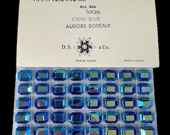 Capri blue AB 12.5x5mm Faceted Rectangle 5105 Beads; 48 Beads; Vintage! Rare! Top drilled Swarovski Crystal Factory Pack