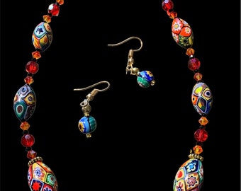 Colored Murano Glass Beads Necklace, Oval Murrine Beads, Italian