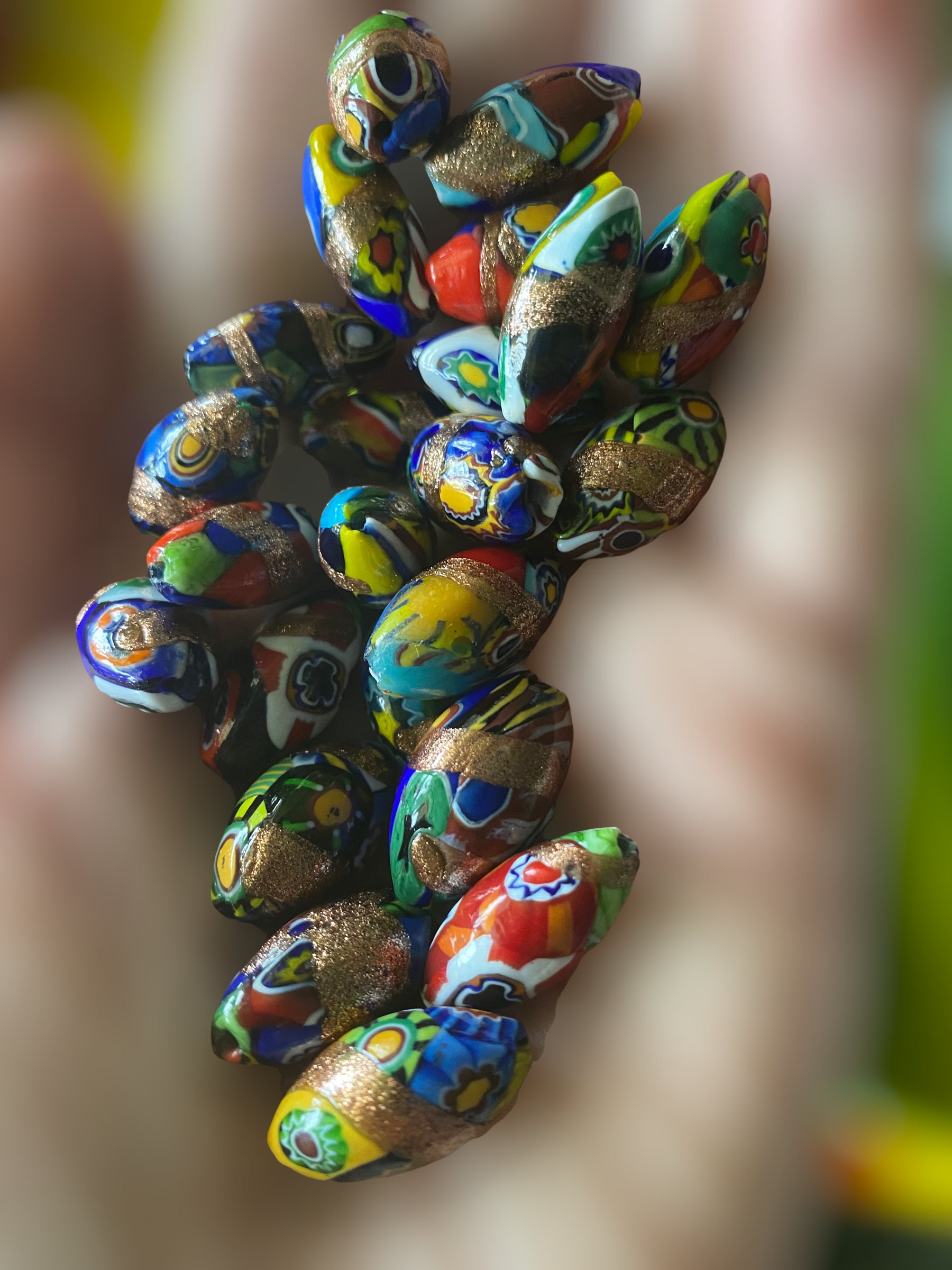 1 Bead, 21x12mm Antique Gold Ribbon Oval Millefiori Glass Beads